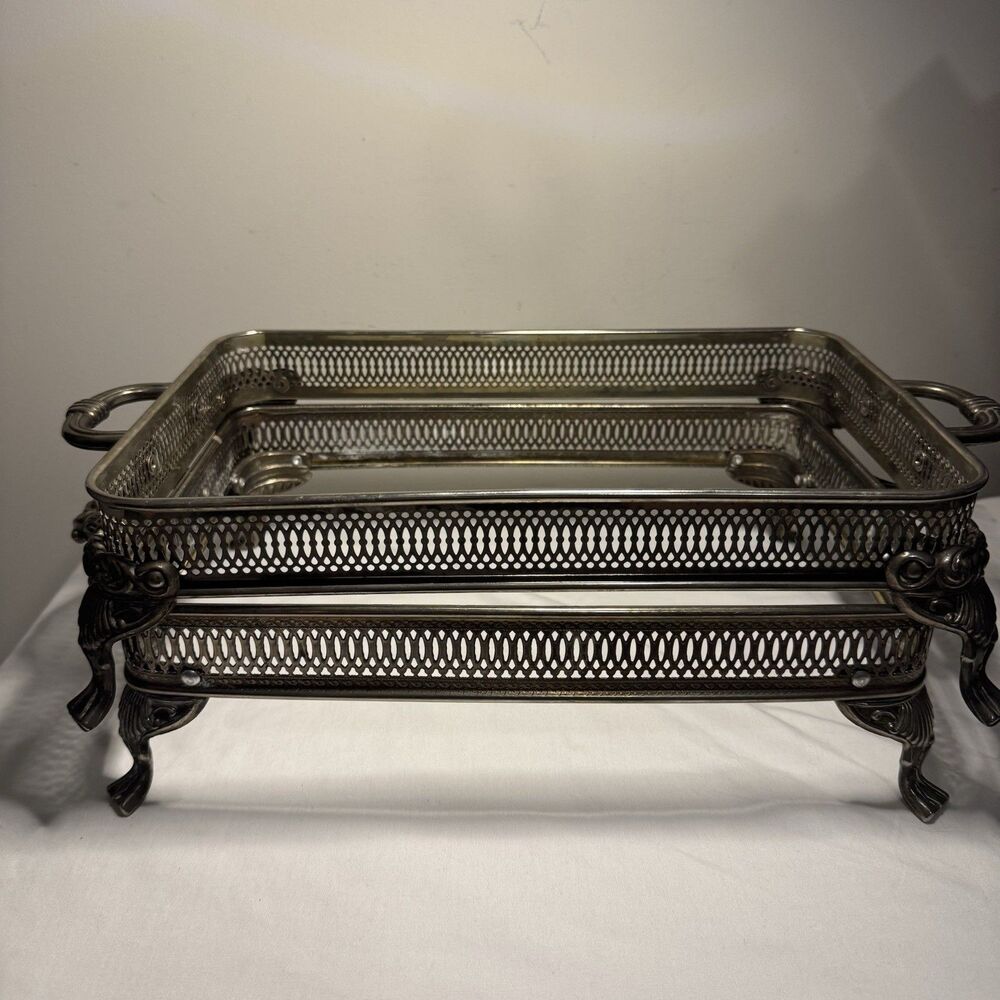 Two Silverplate Pierced Gallery Rectangular Serving Tray Handles & Ornate Feet
